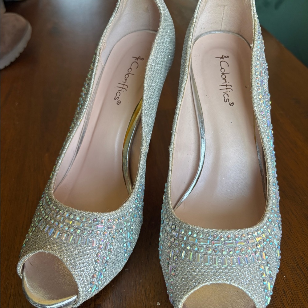 Sparkling Silver Peep Toe Heels